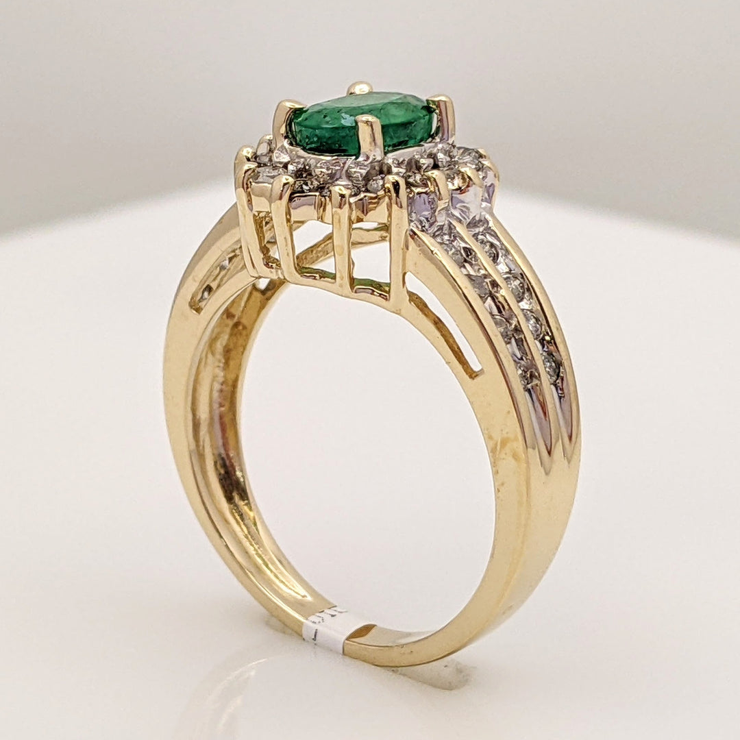 14K EMERALD OVAL 5X7 WITH .37 DIAMOND TOTAL WEIGHT ESTATE HALO 2-ROW RING 4.1 GRAMS