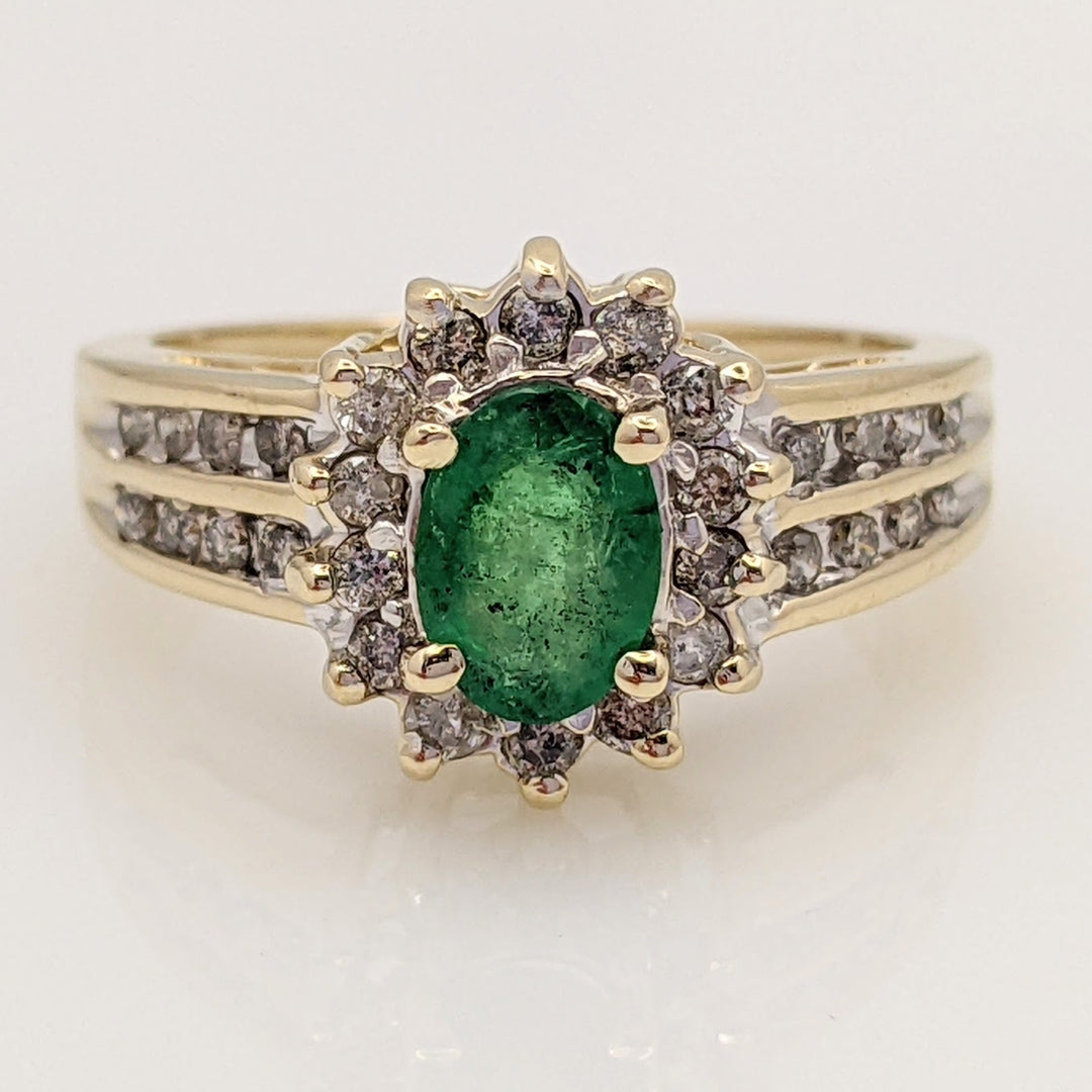 14K EMERALD OVAL 5X7 WITH .37 DIAMOND TOTAL WEIGHT ESTATE HALO 2-ROW RING 4.1 GRAMS
