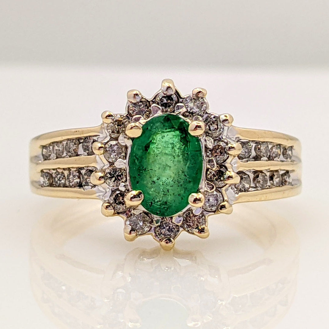 14K EMERALD OVAL 5X7 WITH .37 DIAMOND TOTAL WEIGHT ESTATE HALO 2-ROW RING 4.1 GRAMS