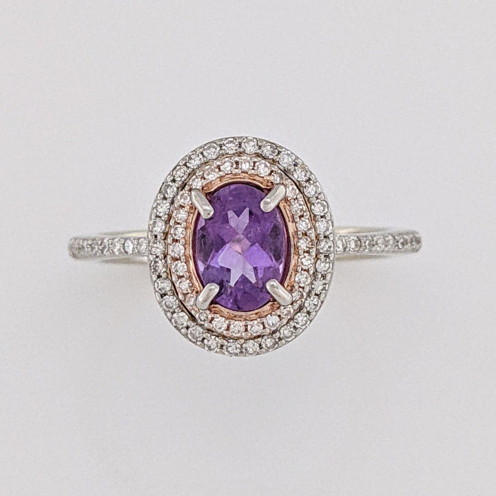 14K WHITE/ROSE AMETHYST OVAL 5X7 WITH .30 DIAMOND TOTAL WEIGHT DOUBLE HALO ESTATE RING 3.7 GRAMS