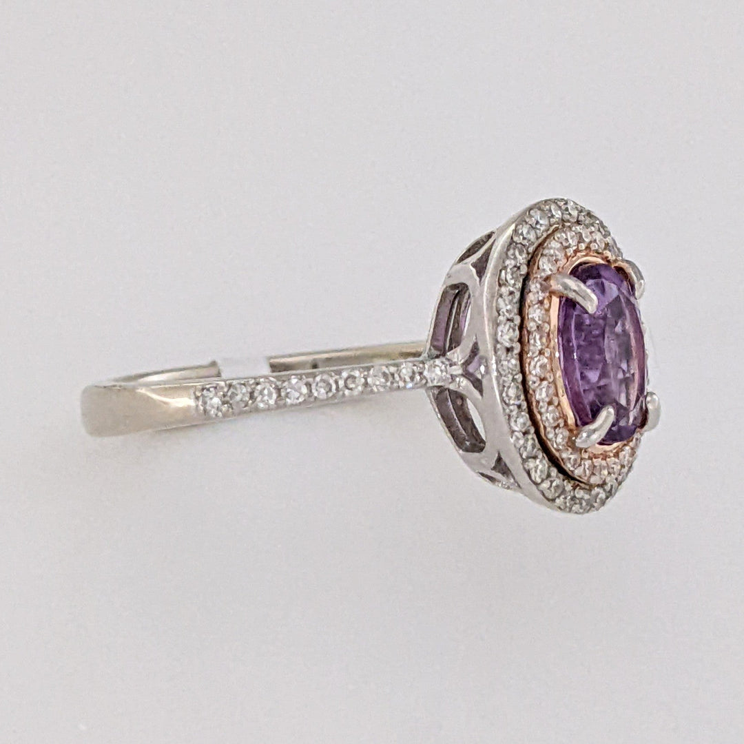 14K WHITE/ROSE AMETHYST OVAL 5X7 WITH .30 DIAMOND TOTAL WEIGHT DOUBLE HALO ESTATE RING 3.7 GRAMS