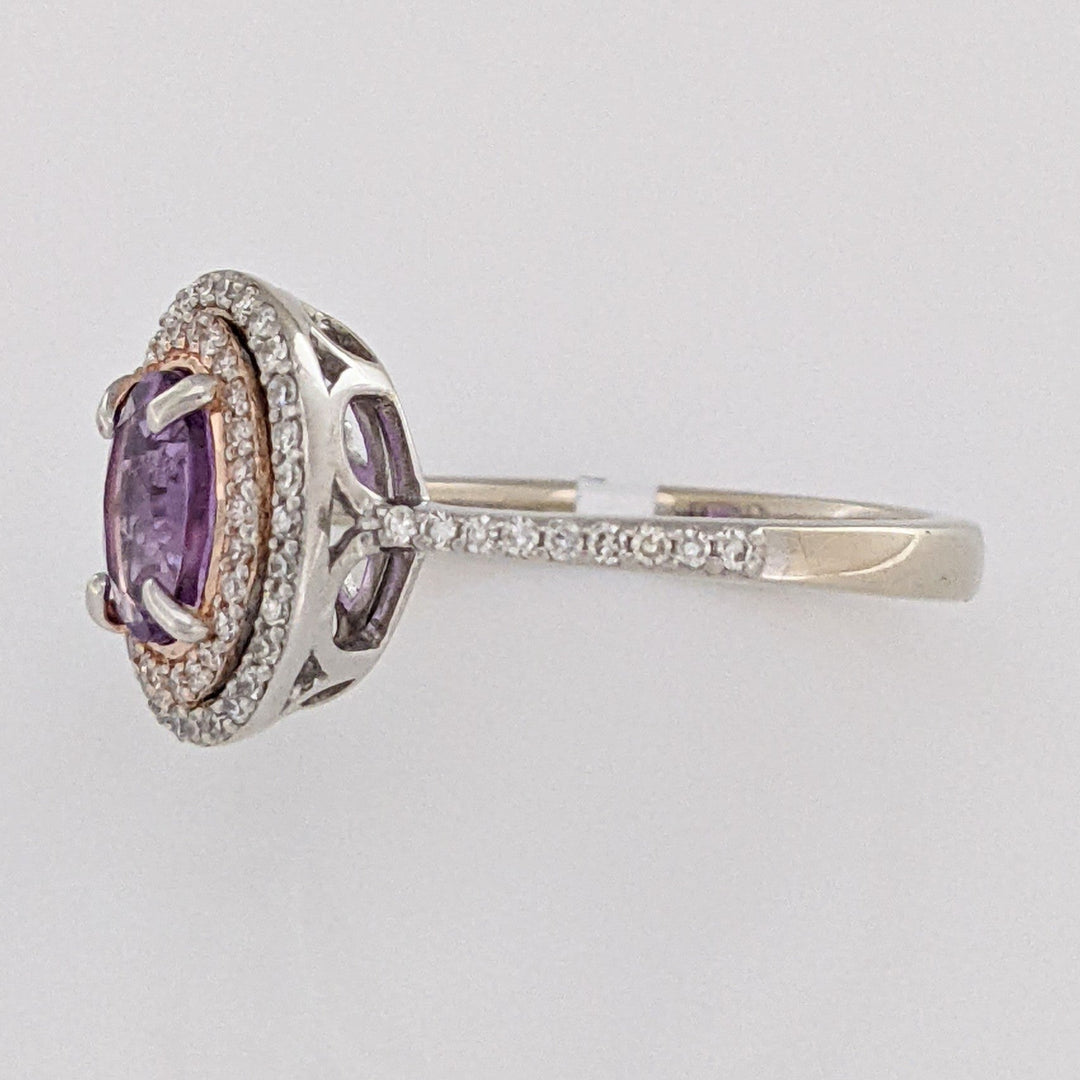 14K WHITE/ROSE AMETHYST OVAL 5X7 WITH .30 DIAMOND TOTAL WEIGHT DOUBLE HALO ESTATE RING 3.7 GRAMS