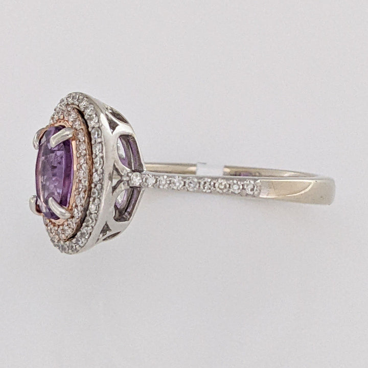 14K WHITE/ROSE AMETHYST OVAL 5X7 WITH .30 DIAMOND TOTAL WEIGHT DOUBLE HALO ESTATE RING 3.7 GRAMS