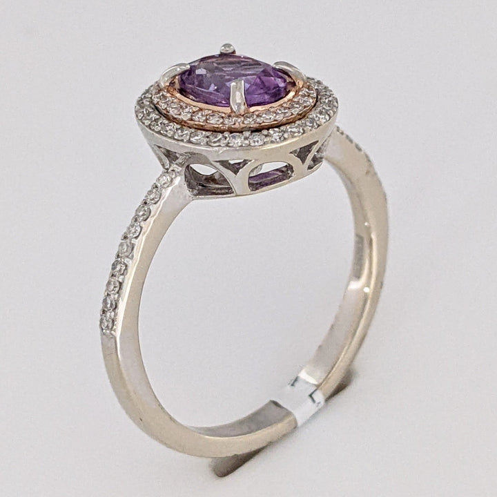 14K WHITE/ROSE AMETHYST OVAL 5X7 WITH .30 DIAMOND TOTAL WEIGHT DOUBLE HALO ESTATE RING 3.7 GRAMS