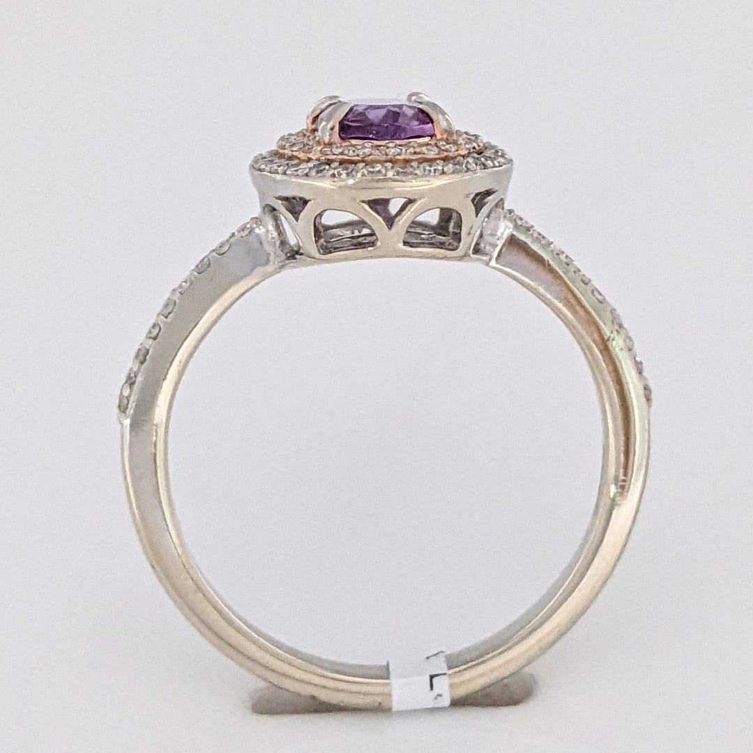 14K WHITE/ROSE AMETHYST OVAL 5X7 WITH .30 DIAMOND TOTAL WEIGHT DOUBLE HALO ESTATE RING 3.7 GRAMS
