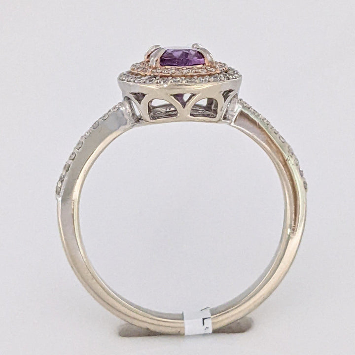 14K WHITE/ROSE AMETHYST OVAL 5X7 WITH .30 DIAMOND TOTAL WEIGHT DOUBLE HALO ESTATE RING 3.7 GRAMS