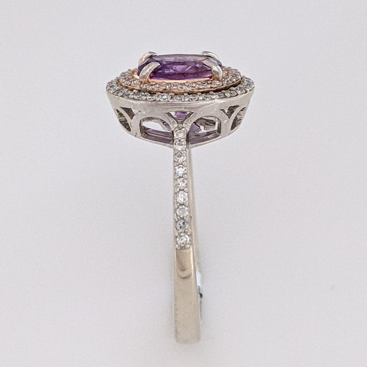 14K WHITE/ROSE AMETHYST OVAL 5X7 WITH .30 DIAMOND TOTAL WEIGHT DOUBLE HALO ESTATE RING 3.7 GRAMS