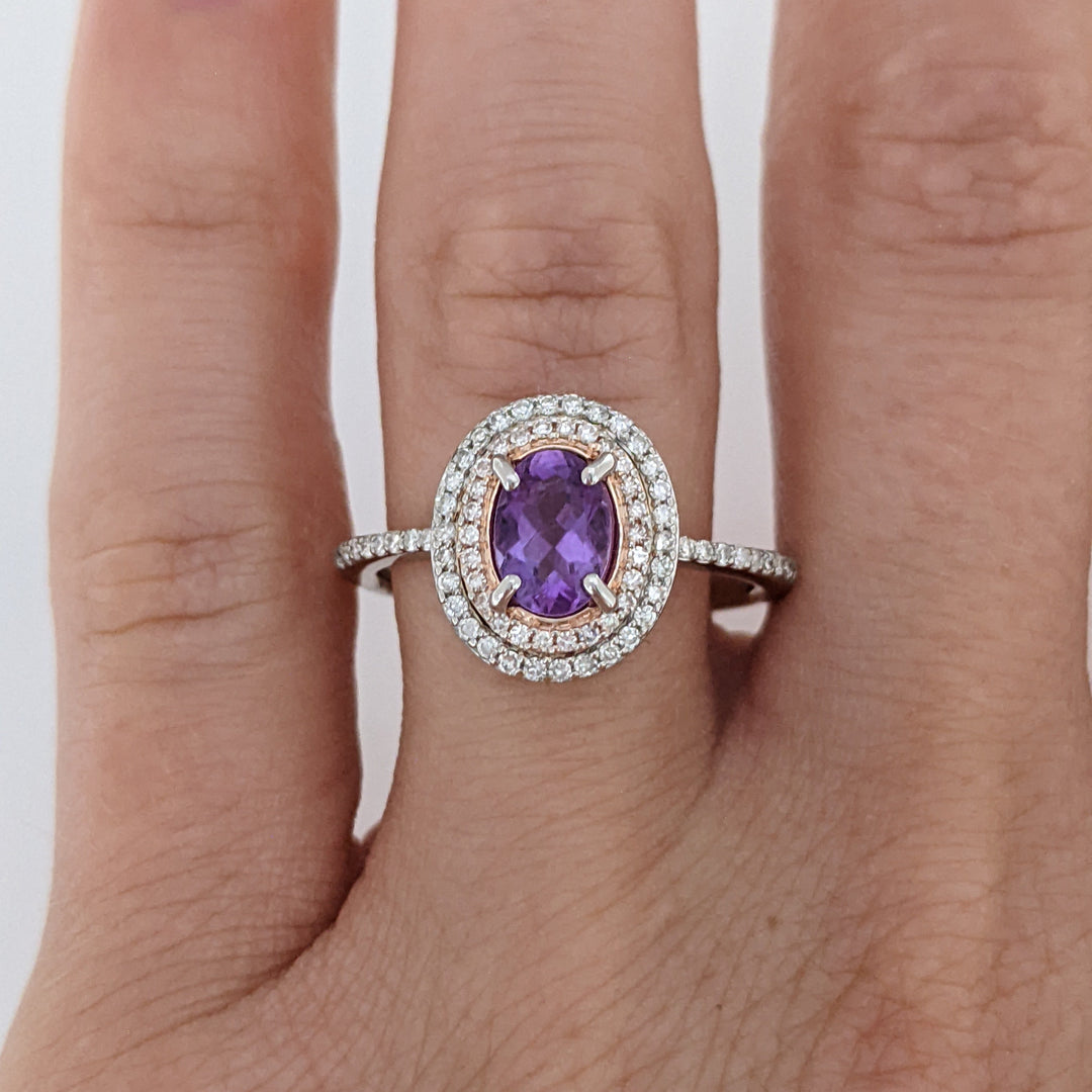 14K WHITE/ROSE AMETHYST OVAL 5X7 WITH .30 DIAMOND TOTAL WEIGHT DOUBLE HALO ESTATE RING 3.7 GRAMS