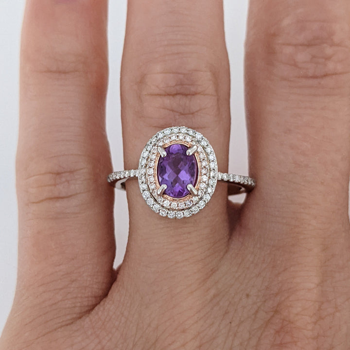 14K WHITE/ROSE AMETHYST OVAL 5X7 WITH .30 DIAMOND TOTAL WEIGHT DOUBLE HALO ESTATE RING 3.7 GRAMS