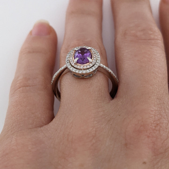 14K WHITE/ROSE AMETHYST OVAL 5X7 WITH .30 DIAMOND TOTAL WEIGHT DOUBLE HALO ESTATE RING 3.7 GRAMS