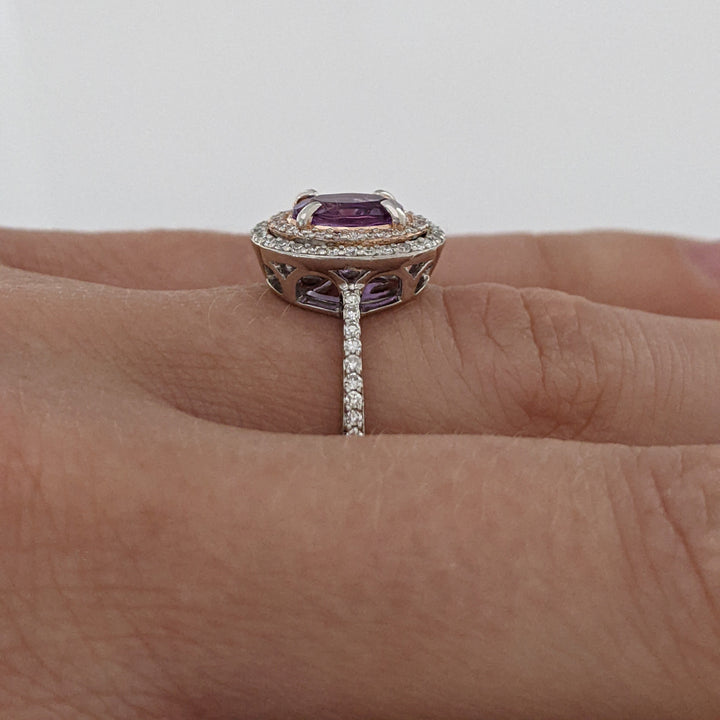 14K WHITE/ROSE AMETHYST OVAL 5X7 WITH .30 DIAMOND TOTAL WEIGHT DOUBLE HALO ESTATE RING 3.7 GRAMS