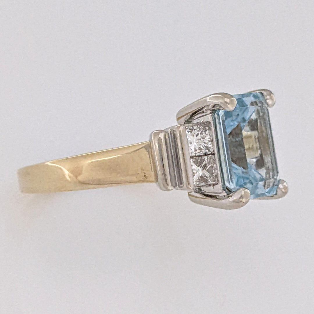 14K TWO-TONE AQUAMARINE EMERALD CUT 7X9 WITH .72 DIAMOND TOTAL WEIGHT (4) PRINCESS CUT ESTATE RING 6.2 GRAMS