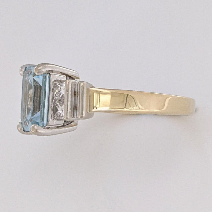 14K TWO-TONE AQUAMARINE EMERALD CUT 7X9 WITH .72 DIAMOND TOTAL WEIGHT (4) PRINCESS CUT ESTATE RING 6.2 GRAMS