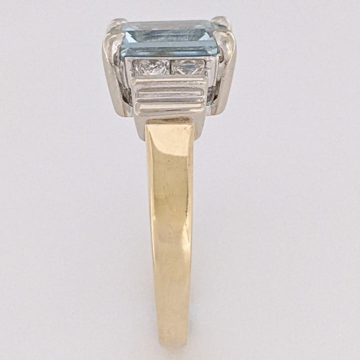 14K TWO-TONE AQUAMARINE EMERALD CUT 7X9 WITH .72 DIAMOND TOTAL WEIGHT (4) PRINCESS CUT ESTATE RING 6.2 GRAMS