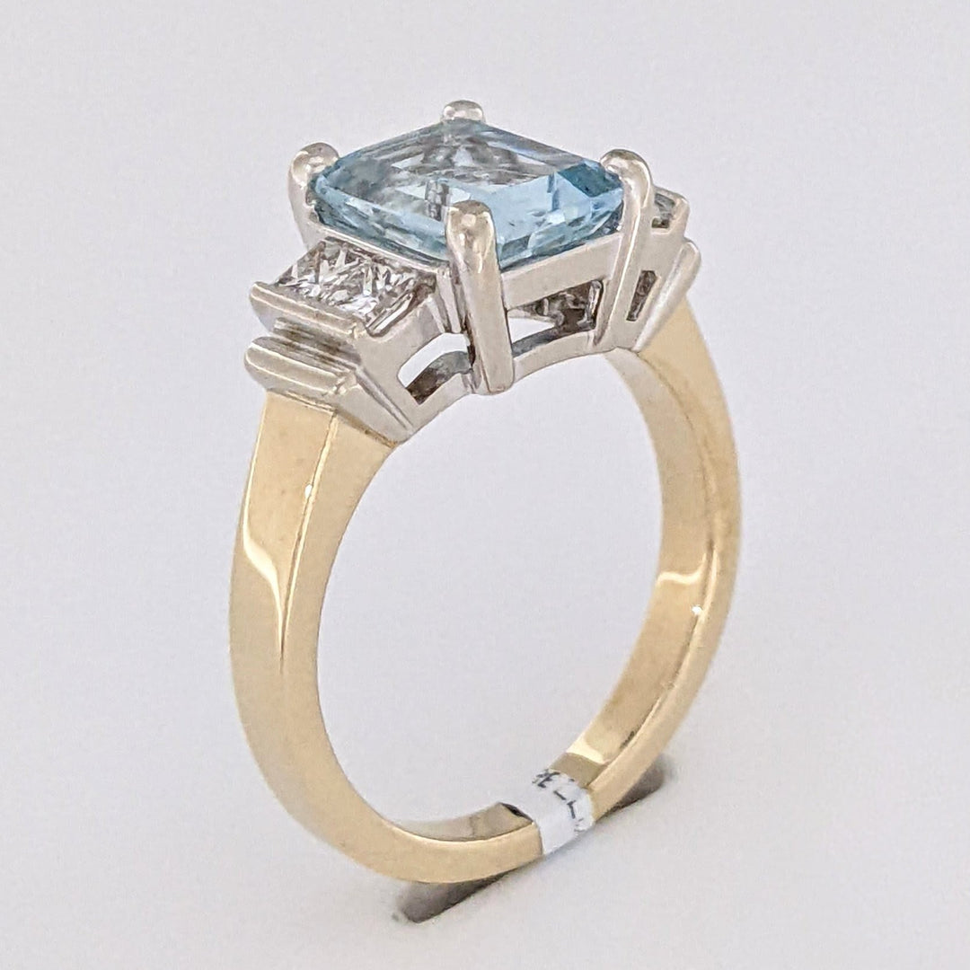 14K TWO-TONE AQUAMARINE EMERALD CUT 7X9 WITH .72 DIAMOND TOTAL WEIGHT (4) PRINCESS CUT ESTATE RING 6.2 GRAMS