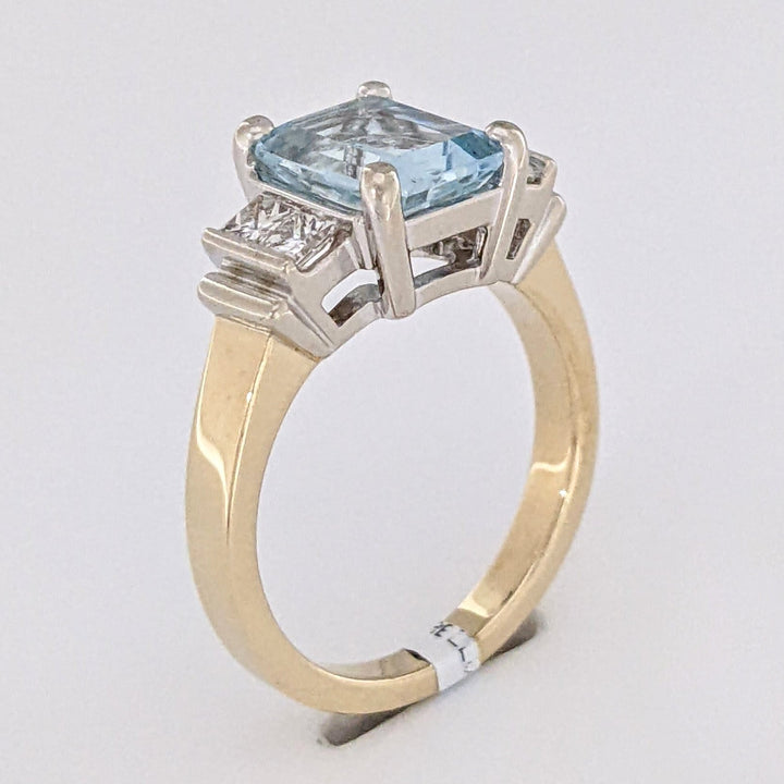 14K TWO-TONE AQUAMARINE EMERALD CUT 7X9 WITH .72 DIAMOND TOTAL WEIGHT (4) PRINCESS CUT ESTATE RING 6.2 GRAMS