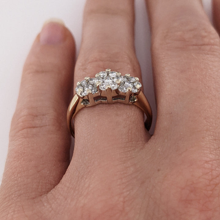 14K .54 CARAT TOTAL WEIGHT I1 I DIAMOND ROUND (19) 3-CLUSTER ESTATE RING 3.5 GRAMS