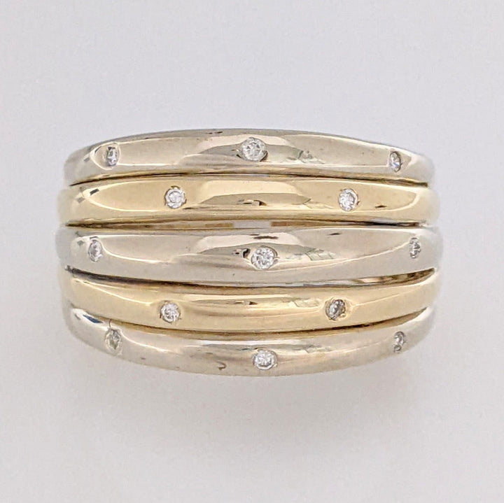 14K TWO-TONE DIAMOND ROUND (13) BEAD SET MELEE ESTATE SHRIMP RING 7.3 GRAMS