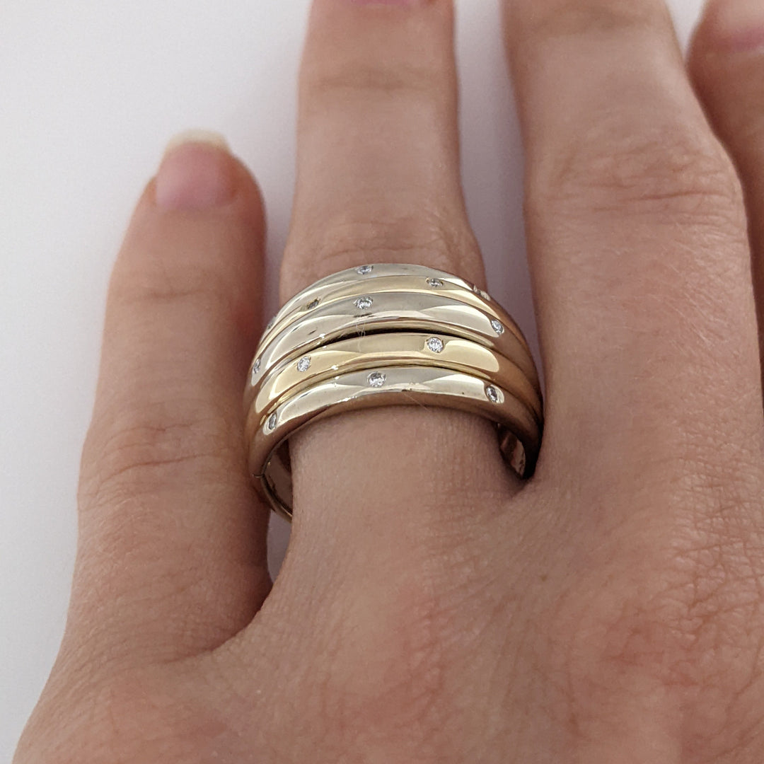 14K TWO-TONE DIAMOND ROUND (13) BEAD SET MELEE ESTATE SHRIMP RING 7.3 GRAMS