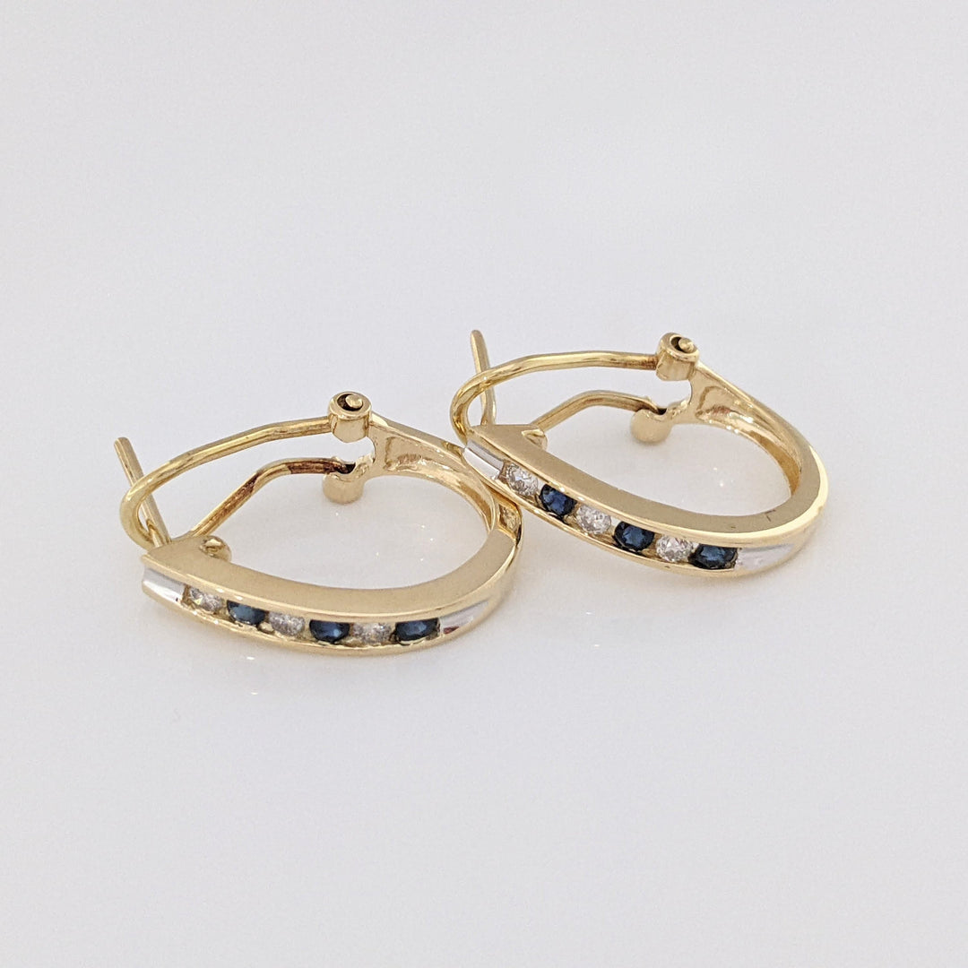 14K SAPPHIRE ROUND (6) DIAMOND ROUND (6) .18 DIAMOND TOTAL WEIGHT ESTATE CHANNEL HOOP EARRINGS 4.3 GRAMS
