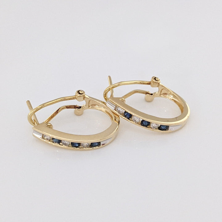 14K SAPPHIRE ROUND (6) DIAMOND ROUND (6) .18 DIAMOND TOTAL WEIGHT ESTATE CHANNEL HOOP EARRINGS 4.3 GRAMS