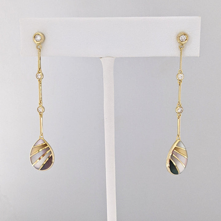 14K MOTHER OF PEARL/ABALONE DANGLE WITH .22 DIAMOND TOTAL WEIGHT ESTATE EARRINGS 5.0 GRAMS