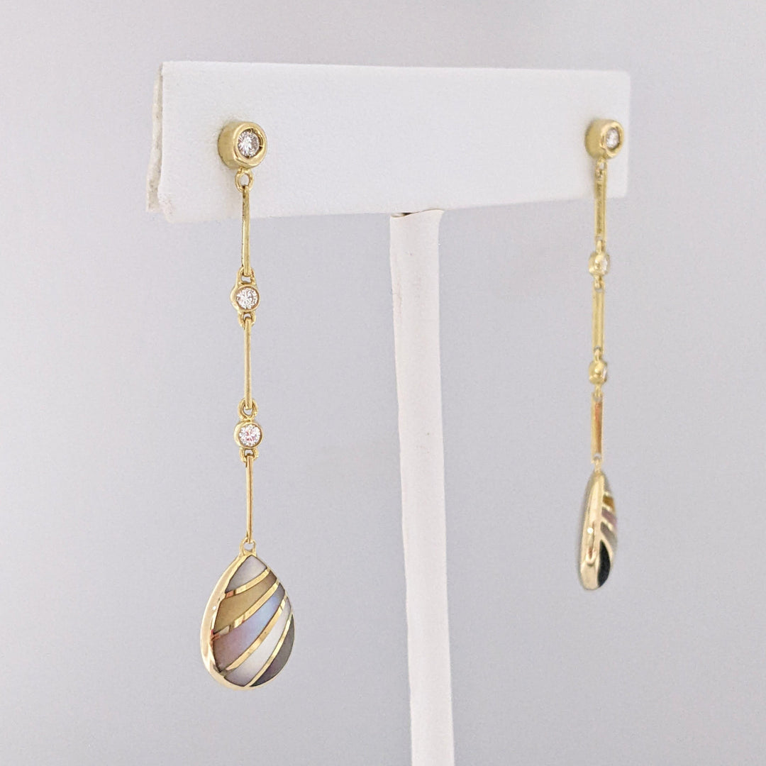 14K MOTHER OF PEARL/ABALONE DANGLE WITH .22 DIAMOND TOTAL WEIGHT ESTATE EARRINGS 5.0 GRAMS