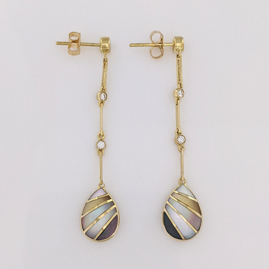 14K MOTHER OF PEARL/ABALONE DANGLE WITH .22 DIAMOND TOTAL WEIGHT ESTATE EARRINGS 5.0 GRAMS