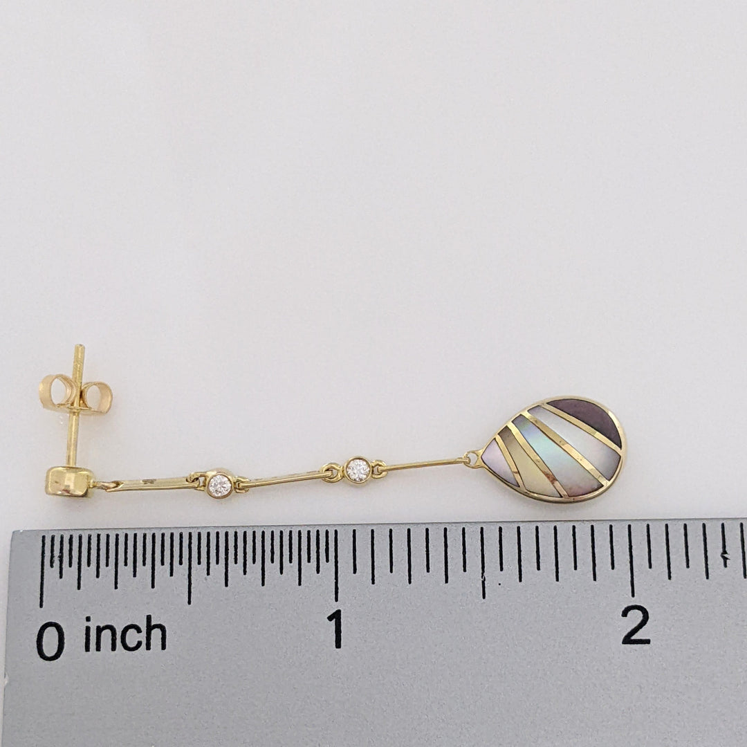 14K MOTHER OF PEARL/ABALONE DANGLE WITH .22 DIAMOND TOTAL WEIGHT ESTATE EARRINGS 5.0 GRAMS