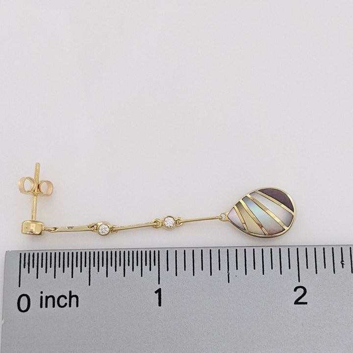 14K MOTHER OF PEARL/ABALONE DANGLE WITH .22 DIAMOND TOTAL WEIGHT ESTATE EARRINGS 5.0 GRAMS