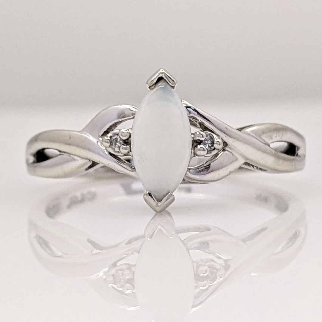 10K WHITE OPAL MARQUISE 4X8 WITH (2) MELEE ESTATE RING 1.6 GRAMS