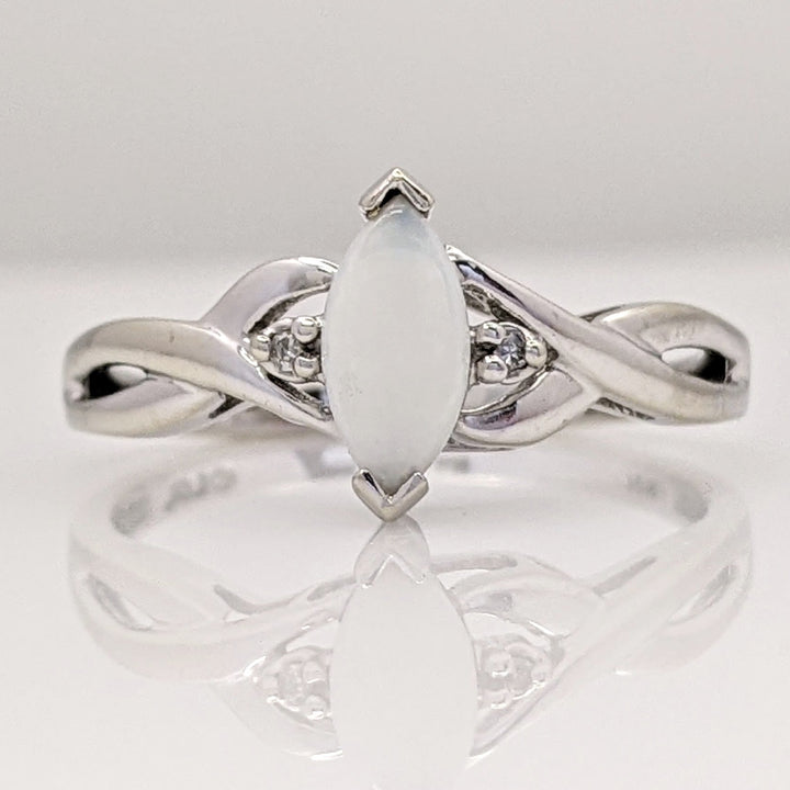 10K WHITE OPAL MARQUISE 4X8 WITH (2) MELEE ESTATE RING 1.6 GRAMS