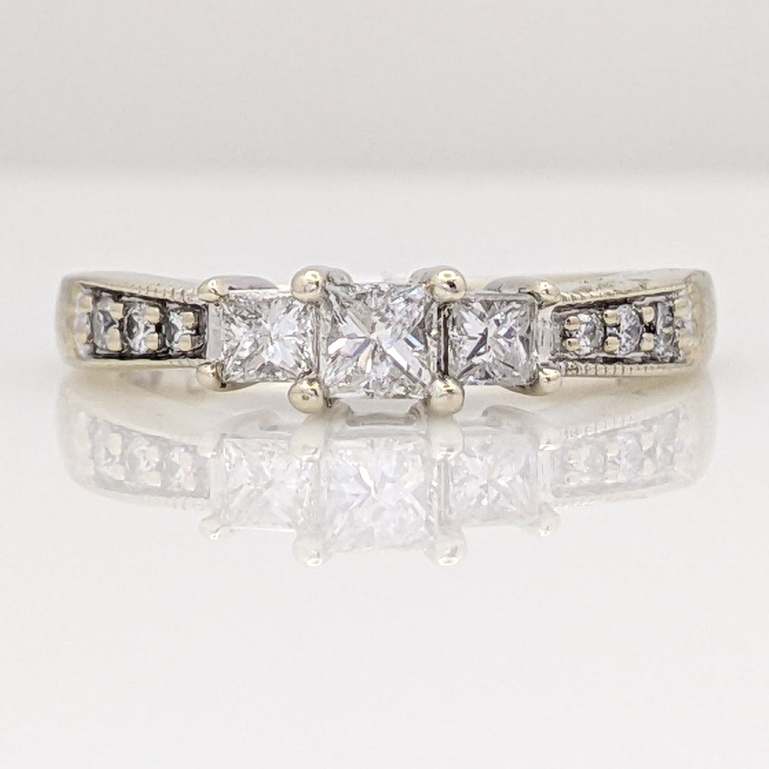 14K WHITE .50 CARAT TOTAL WEIGHT I1 G DIAMOND PRINCESS CUT (3) ROUND (6) TRINITY ESTATE RING 3.7 GRAMS