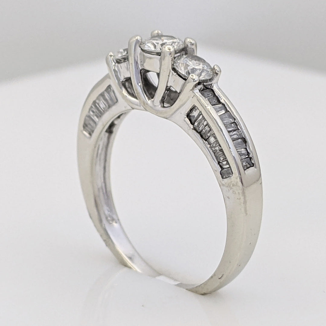 14K WHITE 1.01 CARAT TOTAL WEIGHT I1 F DIAMOND ROUND (3) BAGUETTE CUT (49) TRINITY ESTATE RING 3.3 GRAMS