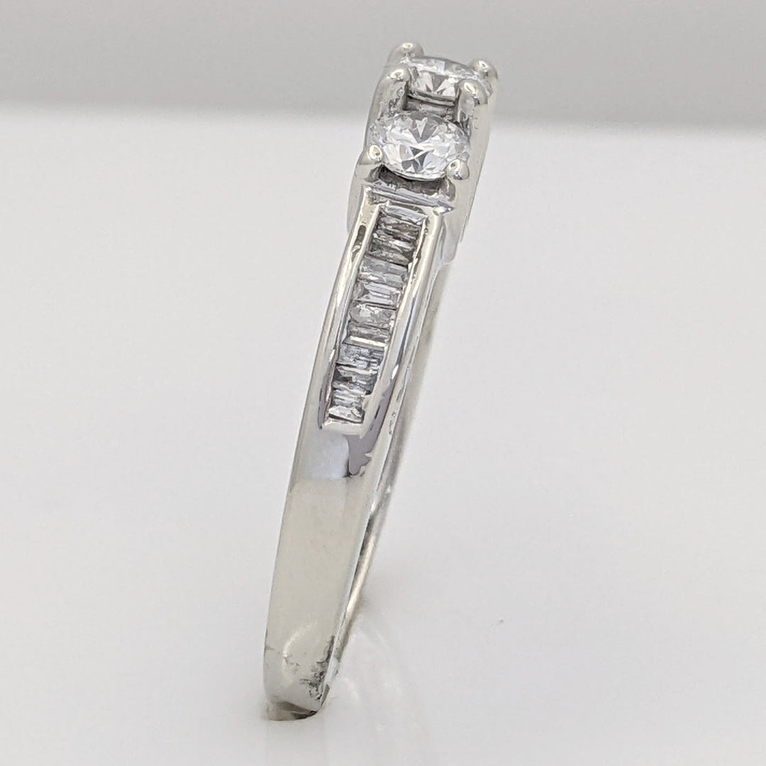 14K WHITE 1.01 CARAT TOTAL WEIGHT I1 F DIAMOND ROUND (3) BAGUETTE CUT (49) TRINITY ESTATE RING 3.3 GRAMS