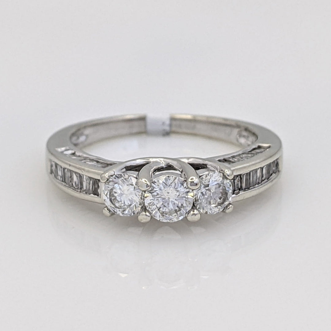 14K WHITE 1.01 CARAT TOTAL WEIGHT I1 F DIAMOND ROUND (3) BAGUETTE CUT (49) TRINITY ESTATE RING 3.3 GRAMS