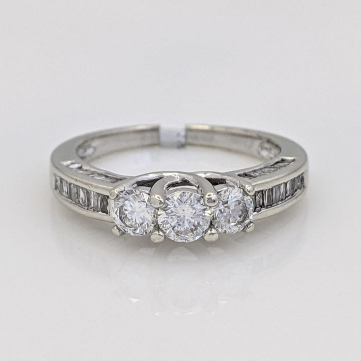14K WHITE 1.01 CARAT TOTAL WEIGHT I1 F DIAMOND ROUND (3) BAGUETTE CUT (49) TRINITY ESTATE RING 3.3 GRAMS