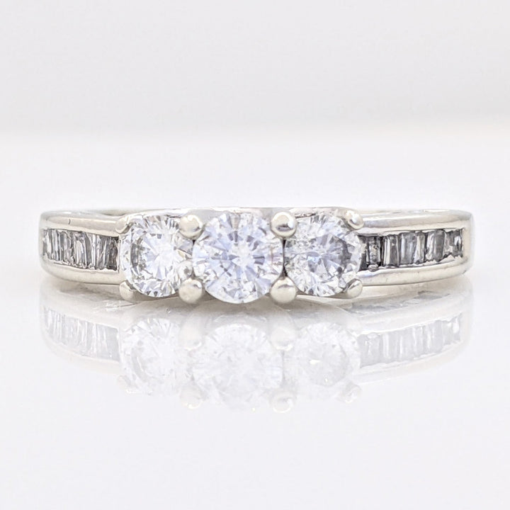 14K WHITE 1.01 CARAT TOTAL WEIGHT I1 F DIAMOND ROUND (3) BAGUETTE CUT (49) TRINITY ESTATE RING 3.3 GRAMS