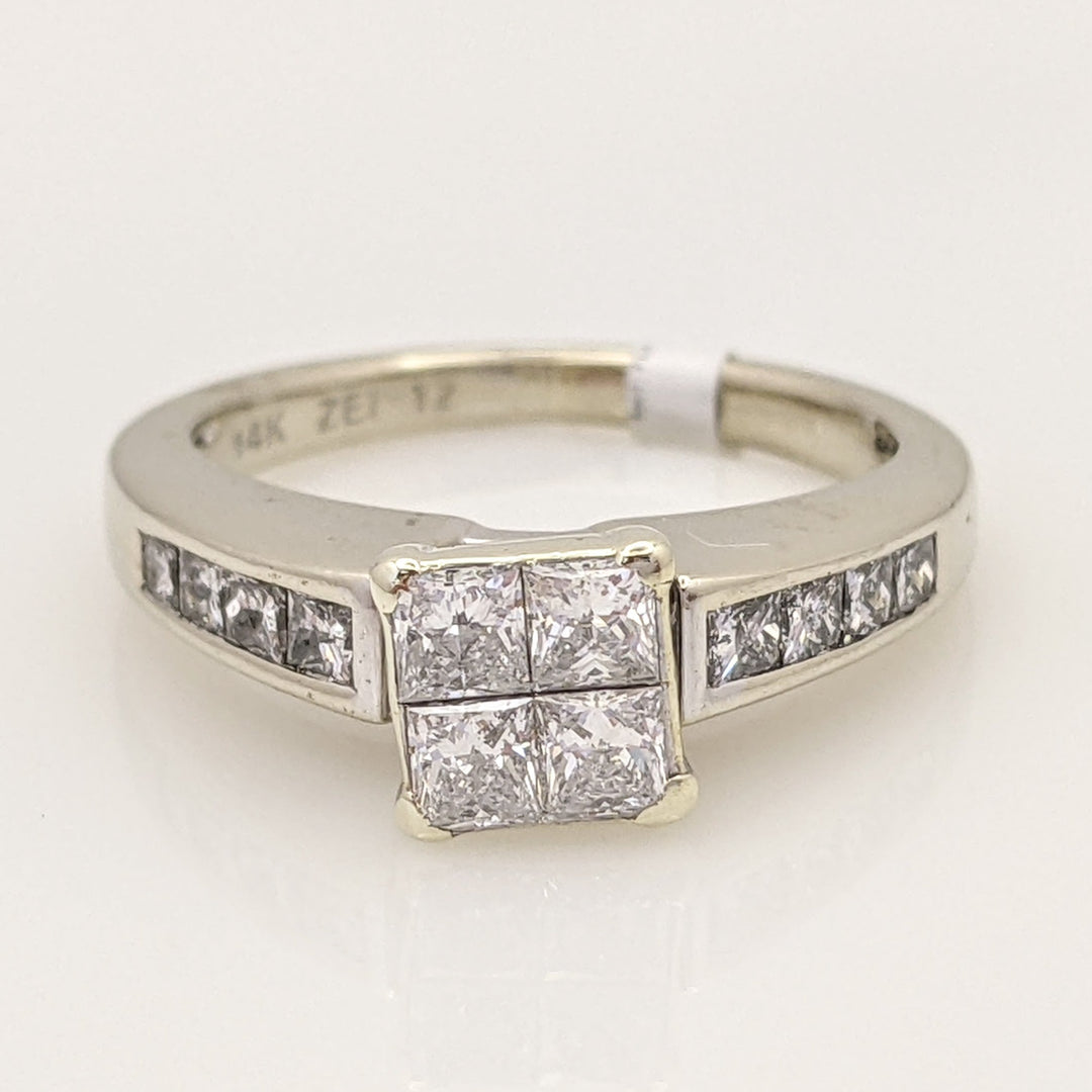 14K WHITE 1.00 CARAT TOTAL WEIGHT SI2 G DIAMOND PRINCESS CUT (12) ESTATE RING 3.9 GRAMS