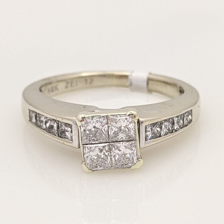 14K WHITE 1.00 CARAT TOTAL WEIGHT SI2 G DIAMOND PRINCESS CUT (12) ESTATE RING 3.9 GRAMS
