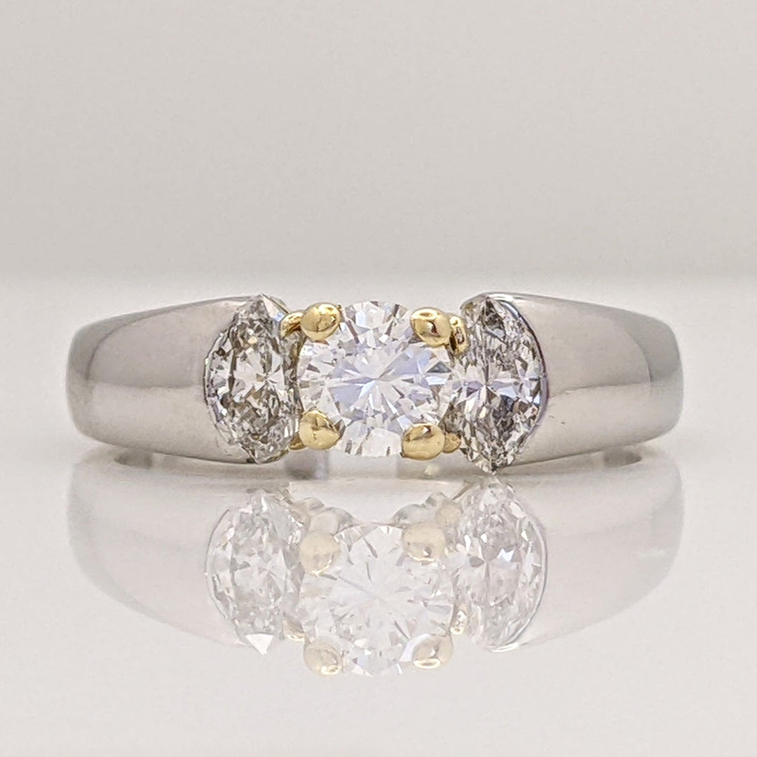 18K TWO-TONE .74 CARAT TOTAL WEIGHT I1 J DIAMOND ROUND WITH (2) MARQUISE CUT DIAMOND ESTATE RING 5.4 GRAMS