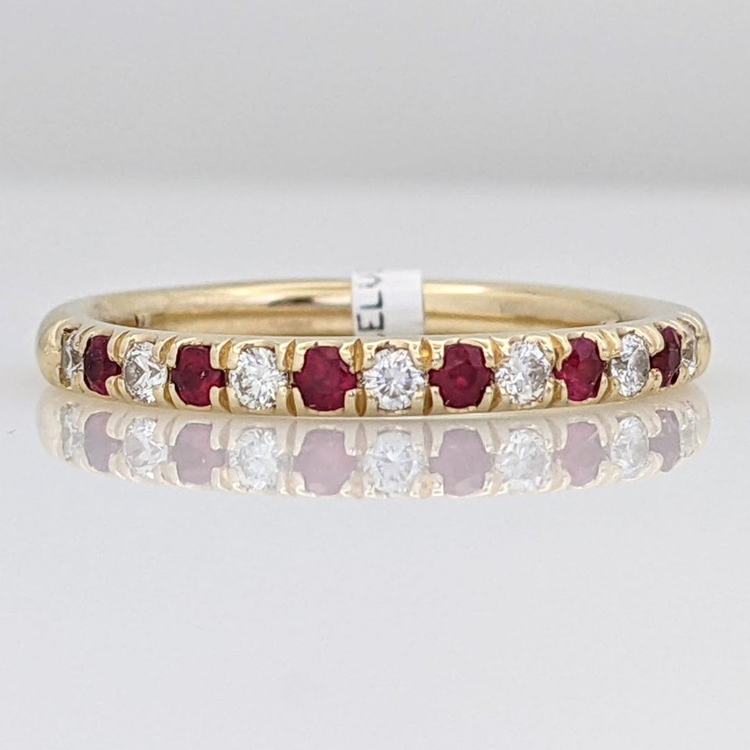 14K RUBY ROUND (6) WITH .17 DIAMOND TOTAL WEIGHT (7) ROUND ESTATE BAND 2.7 GRAMS