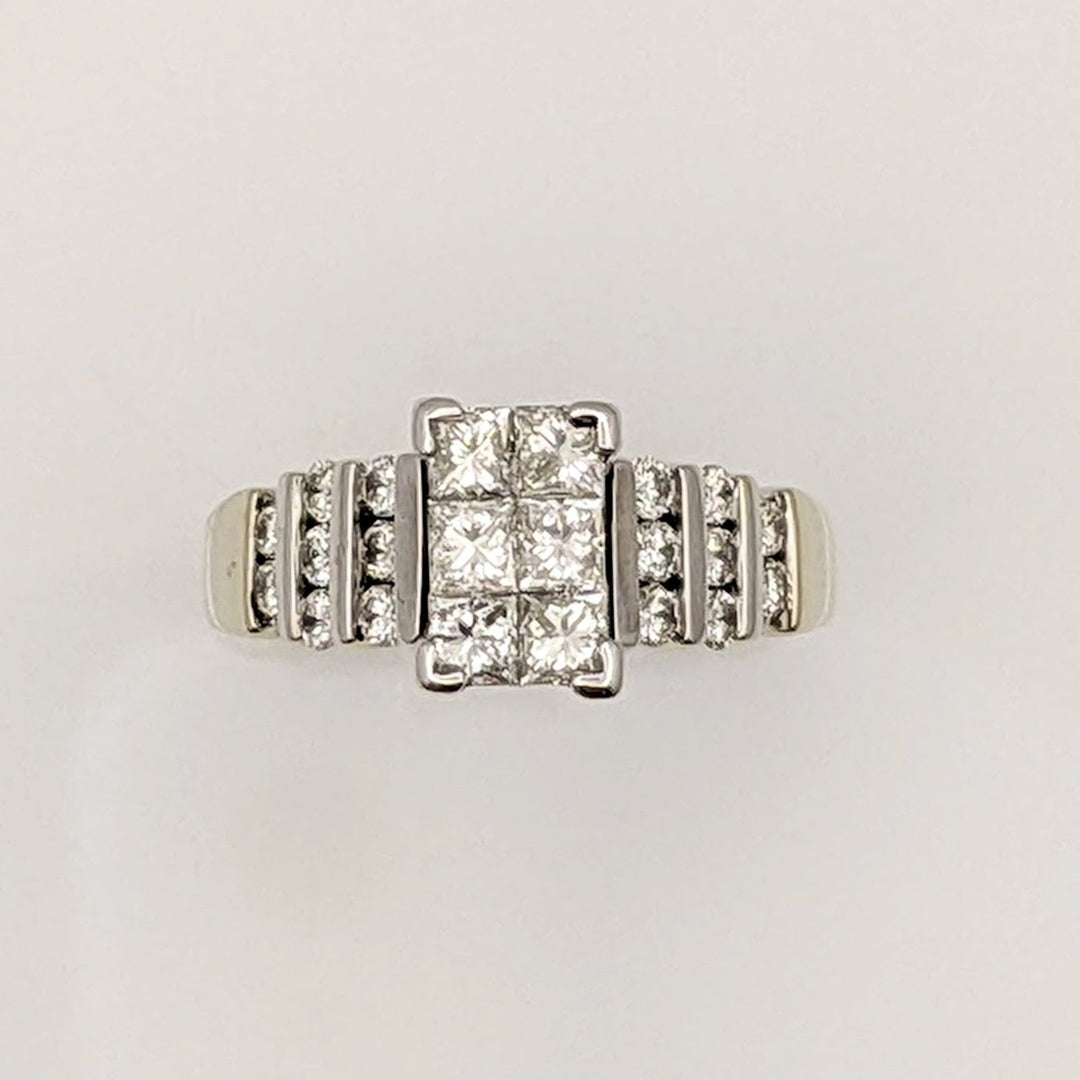 14K WHITE 1.39 CARAT TOTAL WEIGHT I1 G DIAMOND PRINCESS CUT (6) WITH (16) ROUND MELEE ESTATE RING 5.2G