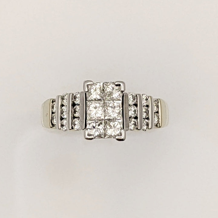 14K WHITE 1.39 CARAT TOTAL WEIGHT I1 G DIAMOND PRINCESS CUT (6) WITH (16) ROUND MELEE ESTATE RING 5.2G
