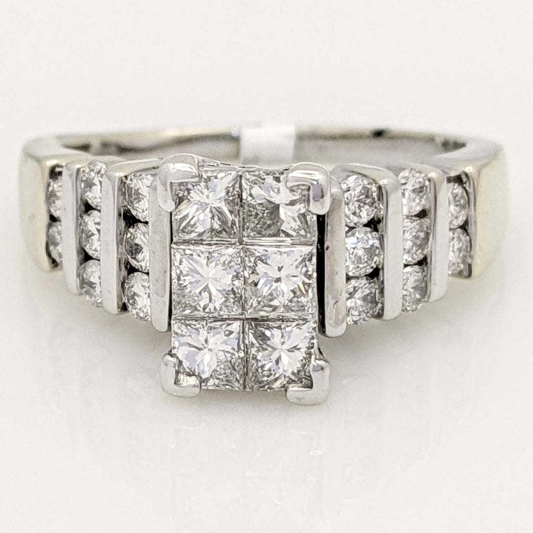 14K WHITE 1.39 CARAT TOTAL WEIGHT I1 G DIAMOND PRINCESS CUT (6) WITH (16) ROUND MELEE ESTATE RING 5.2G