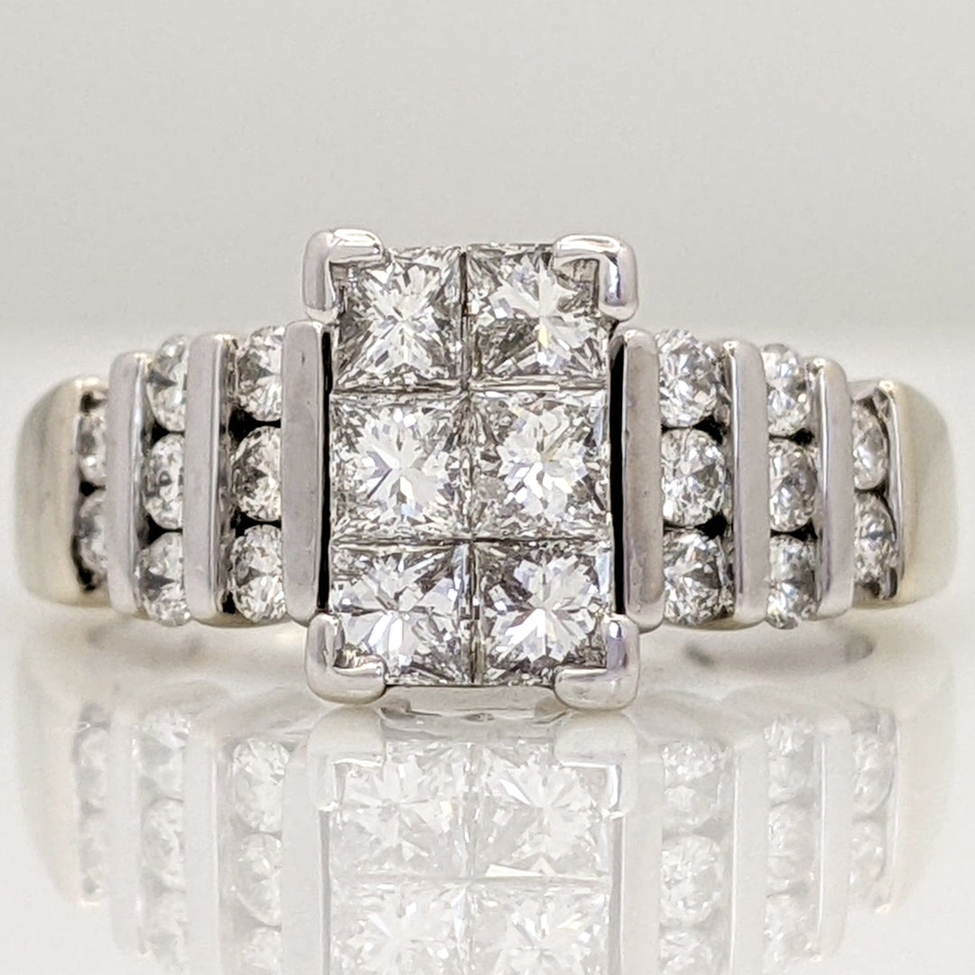 14K WHITE 1.39 CARAT TOTAL WEIGHT I1 G DIAMOND PRINCESS CUT (6) WITH (16) ROUND MELEE ESTATE RING 5.2G