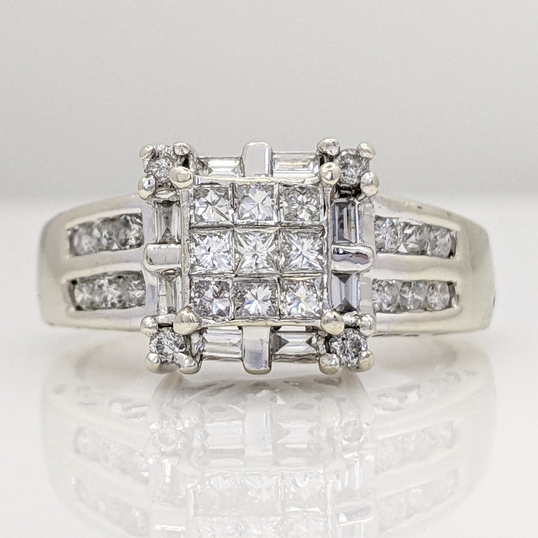 14K WHITE .75 CARAT TOTAL WEIGHT I1 H DIAMOND PRINCESS CUT (9) ROUND (16) BAGUETTE (8) ESTATE RING 5.6 GRAMS