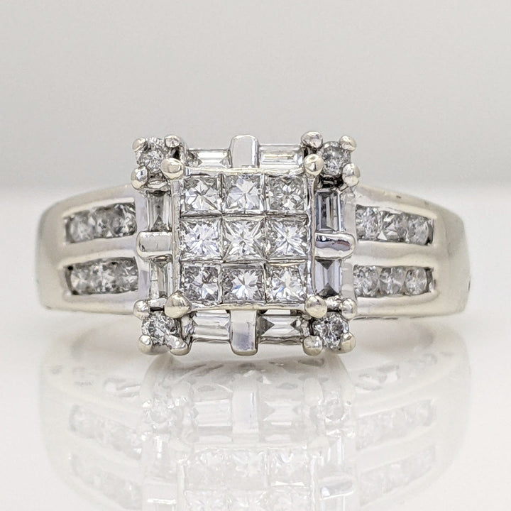 14K WHITE .75 CARAT TOTAL WEIGHT I1 H DIAMOND PRINCESS CUT (9) ROUND (16) BAGUETTE (8) ESTATE RING 5.6 GRAMS