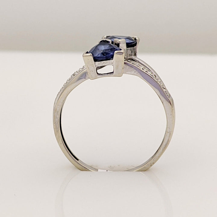 10K WHITE SYNTHETIC SAPPHIRE TRILLION-CUT (2) 5MM WITH (2) MELEE ESTATE RING 1.8 GRAMS