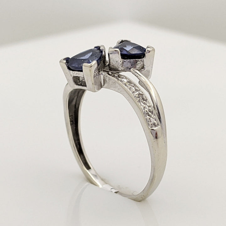 10K WHITE SYNTHETIC SAPPHIRE TRILLION-CUT (2) 5MM WITH (2) MELEE ESTATE RING 1.8 GRAMS